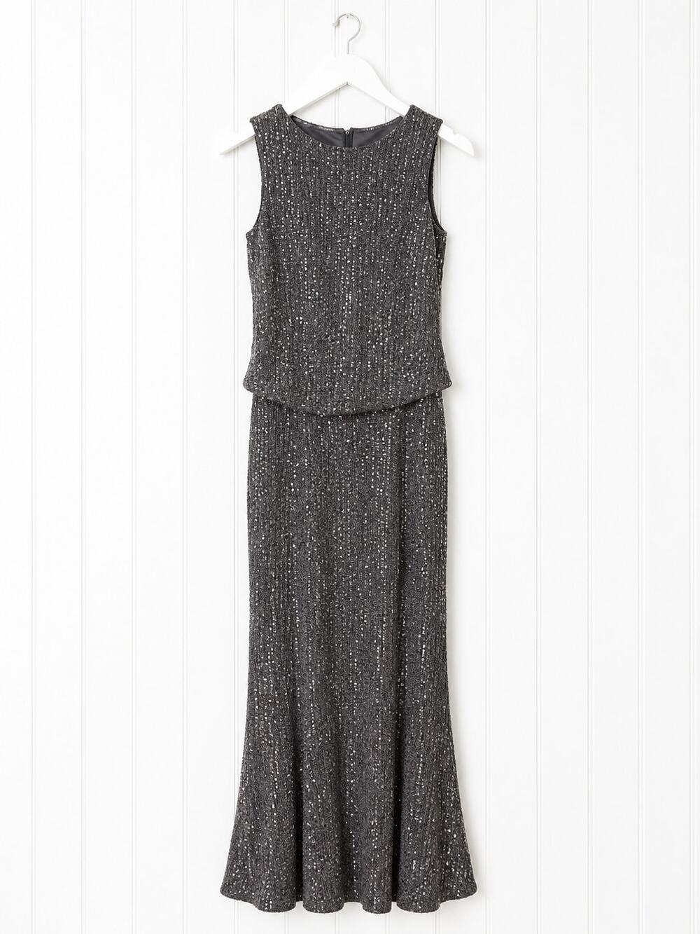 ott McClintock Β· Size 6 Β· Sleeveless Maxi Gown Β· Glitter Stretch Acetate Silver